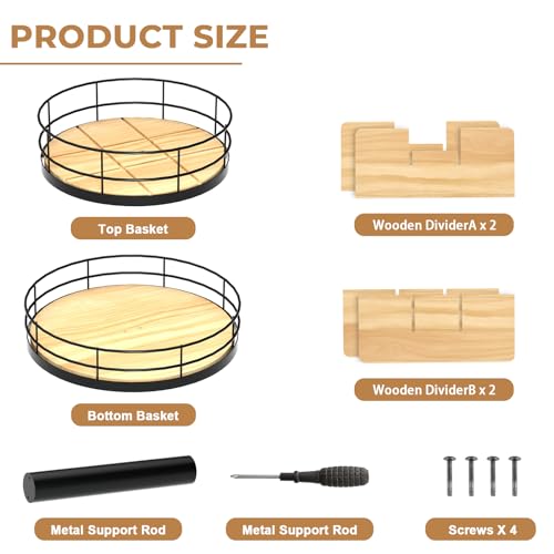Snack Organizer - Versatile Snack Storage 2 Tier Lazy Susan with Convenient Grab-and-Go Design, Wood and Metal Snack Holder for Home, Office, Breakroom, 12.13" L x 12.13" W x 12.56" H