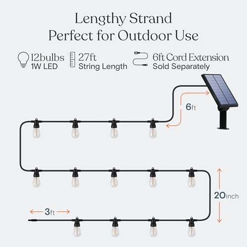 Brightech Ambience Pro Solar Powered Outdoor String Lights -27 ft Commercial Grade Waterproof Edison Patio Lights, Shatterproof LED String Lights for