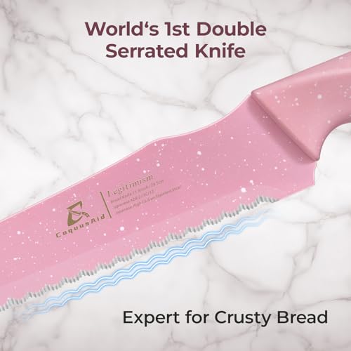CoquusAid Upgrade Bread Knife for Homemade Bread, World‘s 1st Double Serrated Knife for Crusty Sourdough, 11.6 Inch Stainless Steel Bread Slicer, Professional Sourdough Cutter, Ideal for Gift, Pink