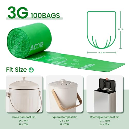 3 Gallon Compostable Food Scrap Bags, 100 Bags Compost Bags for Countertop Bin, BPI Certified and Meet The ASTM D6400 Standard