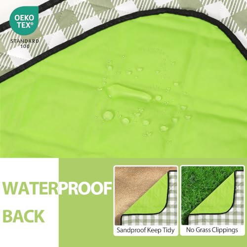 ZAZE Extra Large Picnic Outdoor Blanket, 80''x80'' Waterproof Foldable Blankets Gingham Picnic Mat for Beach, Camping Grass Lawn Park Accessories Cute Couple Gifts Ideas Wedding Registry(Green White)