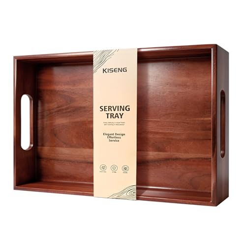 Acacia Wood Serving Tray with Handles, 17 x 12 Inch Large Wooden Tray for Food & Drinks, Coffee Table, Ottoman, Breakfast in Bed – Includes Free Leather Mat
