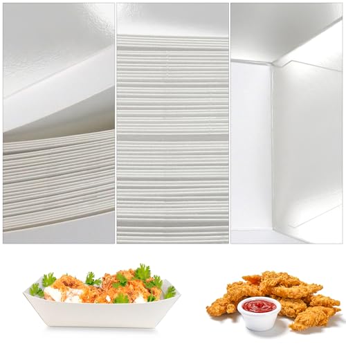 Oomcu 100 Pack 3 lb Heavy Duty Disposable Kraft White Paper Food Trays,Take Out Food Serving Boats Baskets Trays for Party Snacks French Fries Nachos Hot Dogs Tacos BBQ