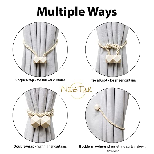 NazTur Magnetic Curtain Tiebacks- Upgrade 2022 with a Thicker Twist Rope and Strong Magnet Tieback Window Treatment Holdbacks Draperies Holders Decorative Drape Handmade Curtain Tie Back (Beige, 2)