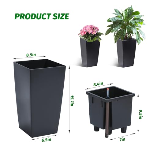 Garvee 16" Tall Planters Set of 2, Outdoor＆Indoor Black Planter Pots, High Front Porch Planter Pots with Drainage Holes＆Water Level Monitor＆Inner Bucket,Black