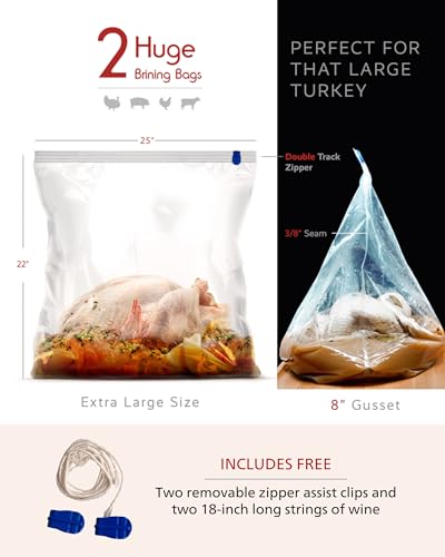 Turkey Brining Bags Set of 2 – Extra Large, Holds up to 38 lb (25.5 x 21.5 in), Heavy Duty with Gusseted Bottom & Double-Track Zippers to Prevent Leaks