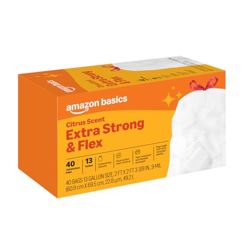 Basics Extra Strong & Flex Tall Kitchen Drawstring Trash Bags, Citrus Scent, 13 Gallon, 40 Count