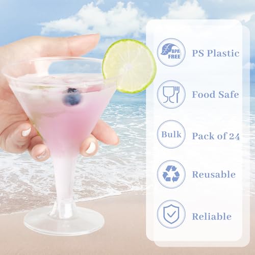 TOFLEN 24 Pack Plastic Martini Glasses 7 oz Cocktail Glasses, Small Reusable Dessert Cups, Clear Stemmed Dessert Shot Glasses for Party Wine, Champagne, Margarita and Appetizers
