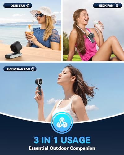 PlayHot Portable Handheld Turbo Fan, 5 Gear Wind, Battery Operated, Up to 12 Working Hours, 3 IN 1 Hand Fans with Air Turbo Tech Cooling Fan for Outdoor Activities, Travel, Beach (Black)
