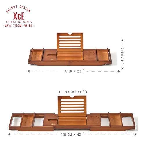 XcE Bamboo Bathtub Caddy Tray - Expandable to 41 Inches with Book Stand, Soap Holder & Anti-Slip Pads for Luxury Bath Spa, Brown