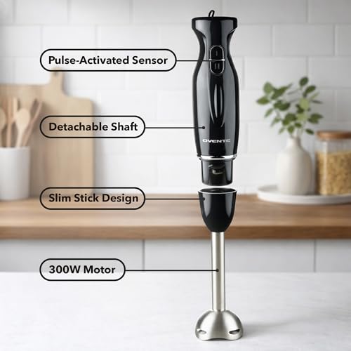 OVENTE Immersion Hand Blender, 300W Corded Electric Handheld Stick Mixer with 2 Mixing Speeds and Stainless Steel Blades for Smoothies, Purees & Baby Food, Black HS560B