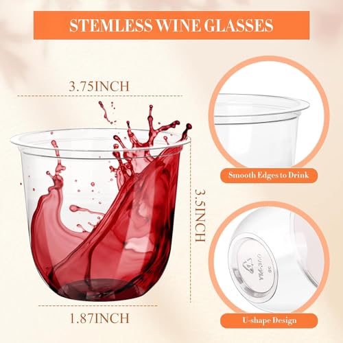 KesaPlan 100 Pcs Disposable Stemless Glasses 12oz Crystal Plastic Wine Glasses Clear Classic Cup for Meeting Weddings Birthdays Cocktail Christmas Party Supplies