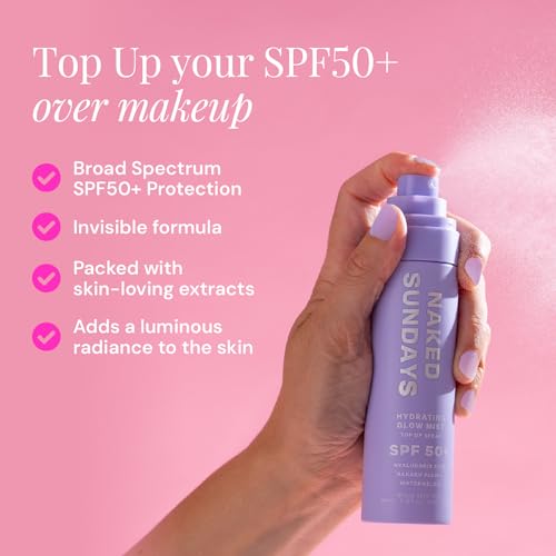 Naked Sundays SPF 50 Hydrating Glow Face Mist - Daily Sunscreen Spray & Makeup Setting Spray with Hyaluronic Acid, Lightweight, Non-Greasy & Hydrating, 75ml