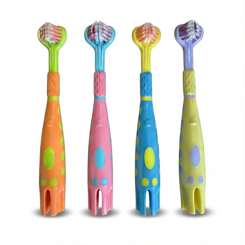 Toddler Toothbrush 4 Pack, Ultra Soft Bristles Kids Toothbrush for Ages 3-12 Years, 3-Sided Design with Tongue Scraper, Non-Slip Handle,Colorful Oral Care Set for Boys & Girls. (4)