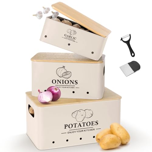 Kitchen Vegetable Storage Set of 3, Metal Onion Garlic Potato Storage Set, Kitchen Canisters Vegetable Keeper Containers with Aerating Holes and Wooden Lid (Beige)