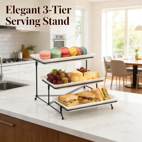 3 Tier Serving Tray, 12" White Plastic Tiered Food Serving Platters, Reusable Tray Stand Black Collapsible Metal Stand with Stable Cross Bars, Party Display Stands for Veggie Fruit, Dessert