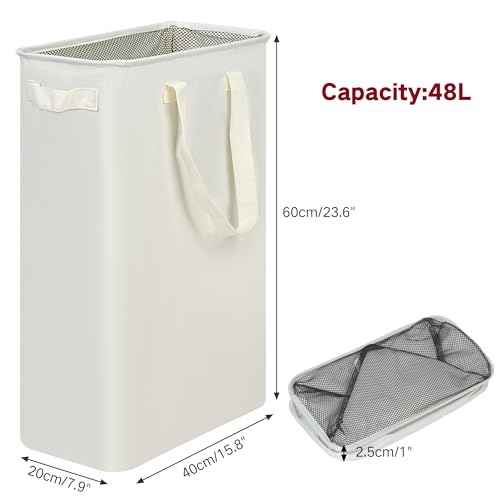 efluky Slim Laundry Basket, Narrow Laundry Hamper with Handles, Collapsible Dirty Clothes Hamper, Tall Laundry Bin for Laundry Room, Dorm and Bedroom, 12.7 Gallons(48L) Beige