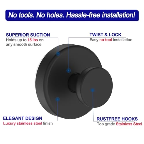 Suction Cup Hooks for Shower, Removable Towel Hooks for Bathroom Window Glass Door Wall, Bath Robe Looafh Wreath Hook for Hanging - 2 Pack, Black
