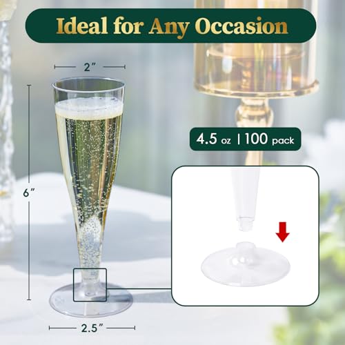 FOCUSLINE 100 Pack 4.5 Oz Plastic Champagne Flutes, Clear Plastic Champagne Glasses, Disposable Toasting Glasses Recyclable Cups for Wedding Party