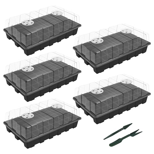 Gardzen 5-Set Seed Starter Tray Kits, Durable Plant Germination Trays with Humidity Vented Domes and Bases, Ideal for Seed Starting, Indoor Gardening, and Greenhouse (Total 200 Cells)