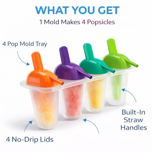 Ice Lolly Popsicle Molds with Straw 4 Pack BPA Free Freezer Pop Mold Maker for Juice Yogurt Fruit Kids