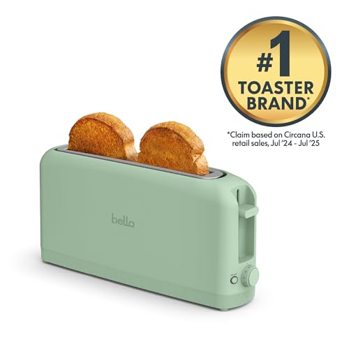 bella 2 Slice Slim Toaster, Fits-anywhere™ Kitchenware, 6 Setting Shade Control with Reheat & Cancel Buttons, Fits Sourdough, 10” Long Slot, Anti Jam & Auto Shutoff, 900 Watt, Seaglass