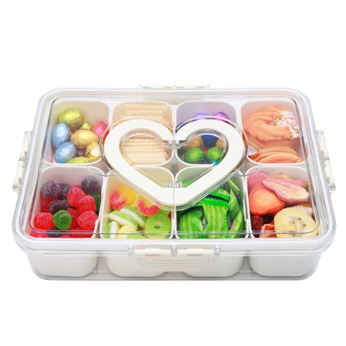 XING-RUIYANG Divided Serving Tray with Lid and Handle,Snackle Box Containers with 8 Compartment,Portable Snack Serving Platters Reusable Storae Organizer for Fruits,Nuts,Candy,Party,Picnic,Veggies