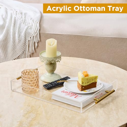 12"x16" Clear Acrylic Serving Tray with Golden Handles, Sturdy Huge Capacity Acrylic Tray for Coffee, Juice, Kitchen and Desk Organizer, Storage Tray (12"x16")