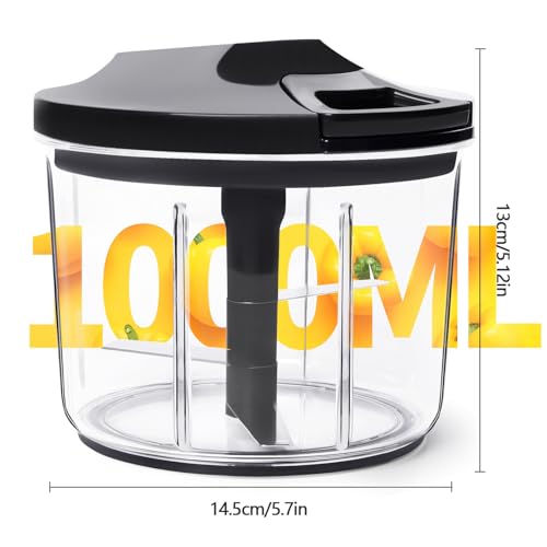 LHS Manual Food Processor Large Vegetable Chopper, 1000ML Pull String Chopper Garlic Mincer Onion Cutter for Veggies,Salad,Fruits, Nuts, BPA Free, Black