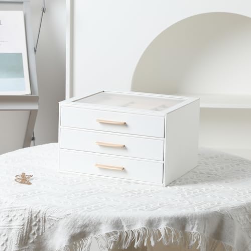 Frebeauty Clear Lid Jewelry Box,3-Layer Jewelry Organizer with Drawer,PU Leather Jewelry Organizers and Storage,Jewelry Boxes for Women,Jewelry Storage for Rings Earring Stud,Gift for Women(White)