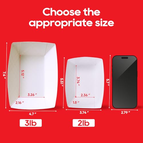 ECOLipak 100 Pack 3lb Paper Food Tray Red, Disposable Paper Boats, Food Holder Trays, Serving Boats for Taco Nacho Hot Dog Snack Fries Dessert Popcorn Sauce