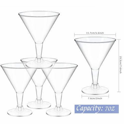TOFLEN 24 Pack Plastic Martini Glasses 7 oz Cocktail Glasses, Small Reusable Dessert Cups, Clear Stemmed Dessert Shot Glasses for Party Wine, Champagne, Margarita and Appetizers