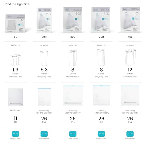 Home Zone Living 8 Gallon Kitchen Trash Bags with Drawstring Handles, Heavy Duty Custom Fit Design for 30 Liter Dual Recycling Liners, Code 30R, 60-Count