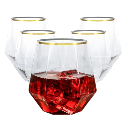 Goodluck 40 PCS Diamond Stemless Plastic Wine Whiskey Glasses, 12 Oz Disposable Cocktail Glasses, Suitable for Weddings, Birthday Parties, Family Gatherings, Bars, etc （Gold rimmed cups）