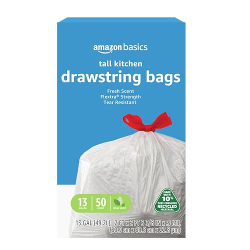 Basics 13 Gallon Tall Kitchen Drawstring Trash Bags, Flextra Strength, Clean Fresh Scent, Tear Resistant, 10% Post-Consumer Recycled Content, 50 Count