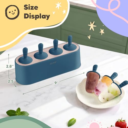 Popsicle Mold Set 4 Pieces Homemade Silicone Popsicle Maker Easy Release Ice Cream Molds Reusable DIY Pop Molds (Blue, IcyClassic Pops)