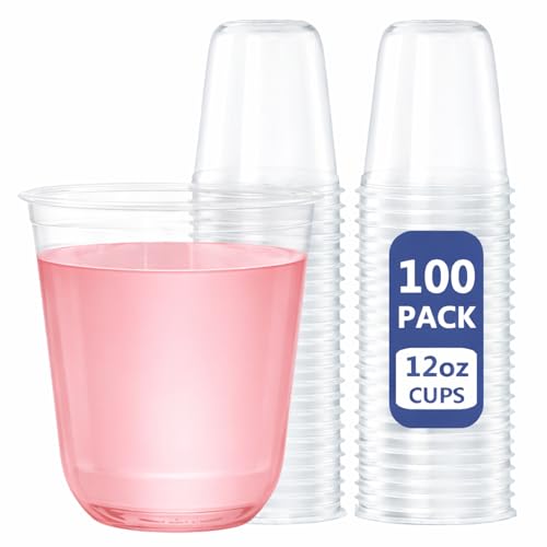 WELLIFE 12 oz Clear Plastic Cups, 100 Pcs Disposable Wine Glasses Stemless Cocktail Punch Cups for Cold Drinking Wedding Party Supplies Valentine's Day