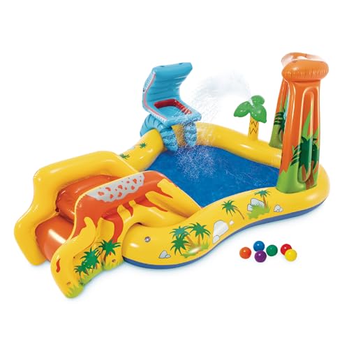 Intex Inflatable Dinosaur Play Center Outdoor Playhouse Inflatable Water Park with Kid Pool Slide, Water Sprayer, Waterfall, and 6 Balls, Multicolor