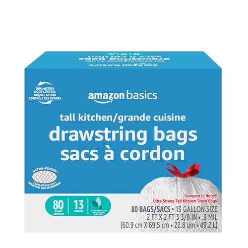 Basics Ultra-Force Tall Kitchen Drawstring Trash Bags, Classic Clean Scented, 13 Gallon, 80 Count with Odor Control
