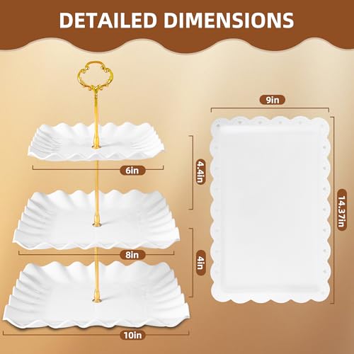 10 Pack Dessert Table Display Set - 4 x Three-Tier Square Cupcake Stands and 6 x Serving Trays, Elegant Tableware for Cakes, Cupcakes, Pastries, and Snacks, Perfect for Parties (White)