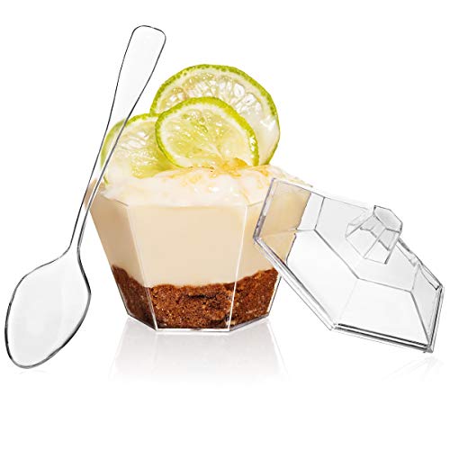 Oasis Creations Hexagonal Mini Bowl-Lids & Spoons Included- 3.3 ounce -40 Count -Clear Plastic - Six Sided - Flower Cup-Dessert Cup- Serving -Snack Bowl-Disposable or Reusable