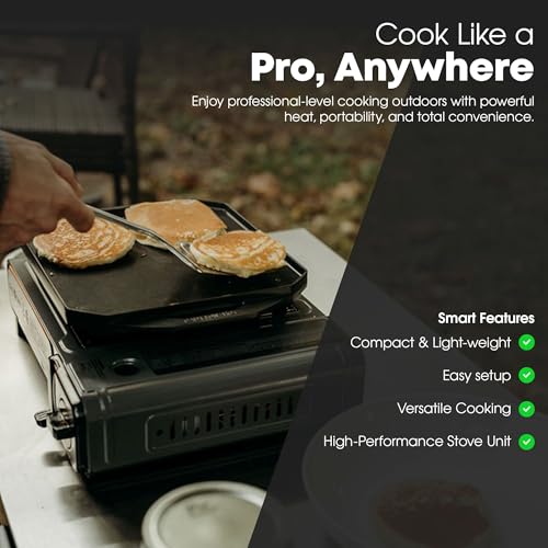 GasOne GS-1000G-KIT Butane Gas Stove with Flat Top Griddle Included – Butane Grill Tent Stove Burners for Cooking for Camping, Kitchen – Diecast Aluminum with Non Stick Coating