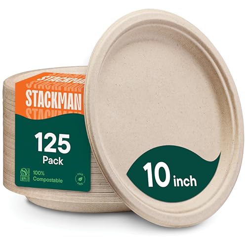 Paper Plates, 100% Compostable Heavy Duty Disposable 10 Inch Plate - [125-Pack] Eco-Friendly, Biodegradable Bagasse - (PFAS-Free) - (BPI Certified)