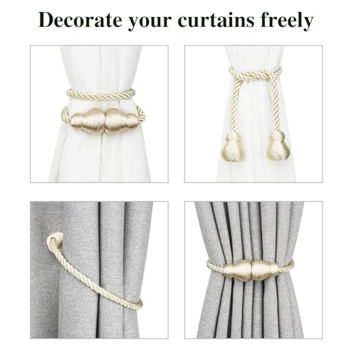 Magnetic Curtain Tiebacks Outdoor Curtain Tie Backs Rope Decorative Magnetic Curtain Holders for Drapes Window Treatment Holdbacks, Beige 2Pack