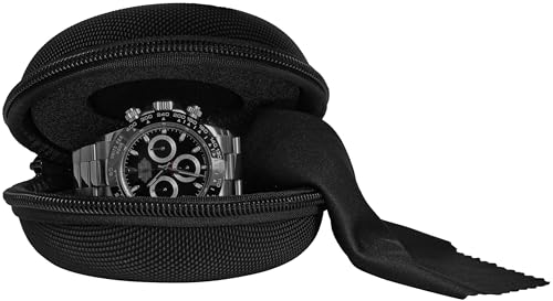 WATCHPOD Travel Watch Case | Single Watch Box w/Zipper for Storage | Cushioned Round Portable Watch Case for Travel | Fits all Wristwatches and Smart Watches up to 50mm (Black)