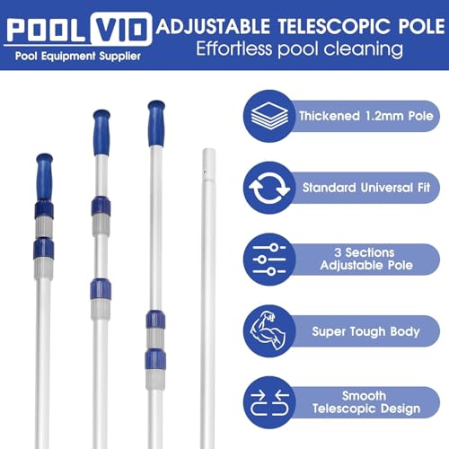 Poolvio 15 FT Telescopic Pool Pole - Adjustable 3 Piece Aluminum Pool Skimmer Pole for Pool Cleaning Skimmer Nets Vacuum Heads & Brushes, Strong Grip & Lock