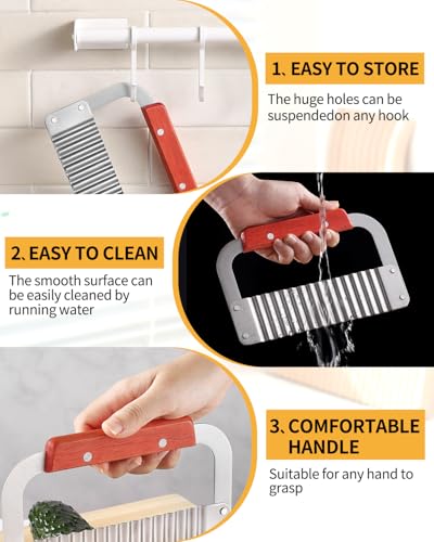 Crinkle Cutter Stainless Steel Potato Slicer Heavy Duty Wavy Crinkle Cutting Chopping Tools with Wooden Handle for Carrot Veggies