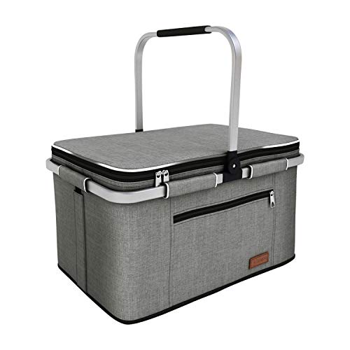 LIQING 35L Large Picnic Basket 2 Layers of Internal Pockets Leak-Proof and Insulated, Folding with Internal Support for enhansed Stability