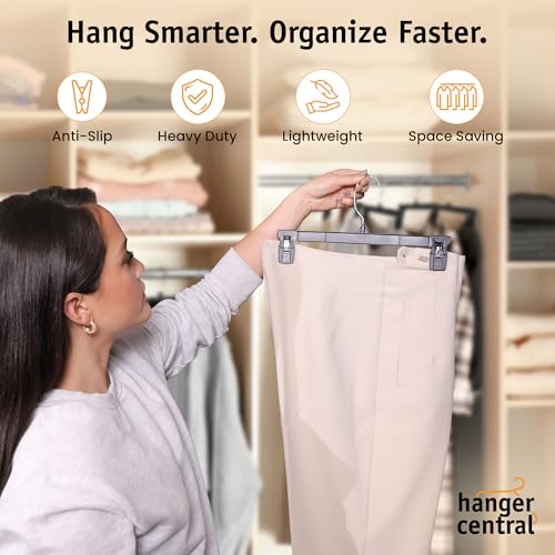 Hanger Central 30 Pack Pants Hangers – 12 Inch Slim Plastic Clothes Hangers with Clips for Skirts, Shorts & Trousers – Non Slip Grip, Heavy Duty Space Saver with Swivel Hook – Black Closet Organizer