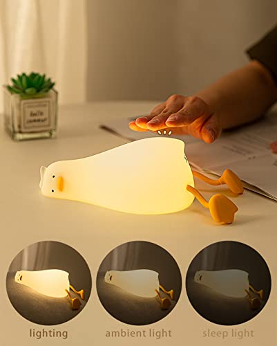 HAPPYBAG LED Lying Flat Duck Night Light, 3 Level Dimmable Nursery Nightlight,Cute Lamps Silicone Squishy Light Up Duck,Rechargeable Bedside Touch